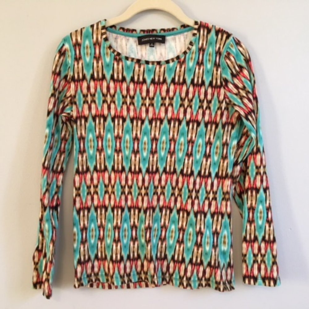Teal and Multicolor Ikat Print Long-Sleeve Top